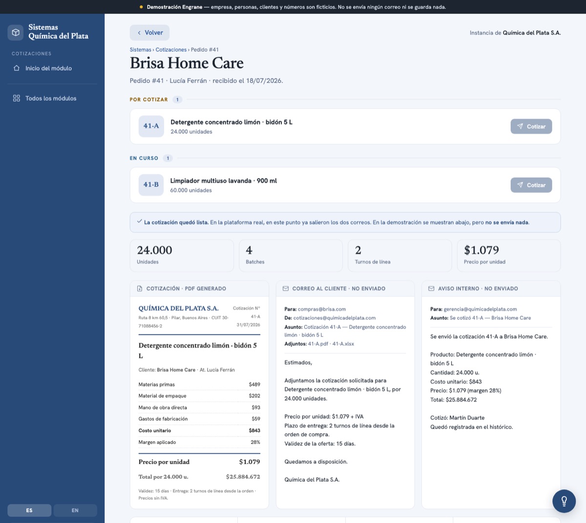 Quotes: the generated PDF and both emails ready to send
